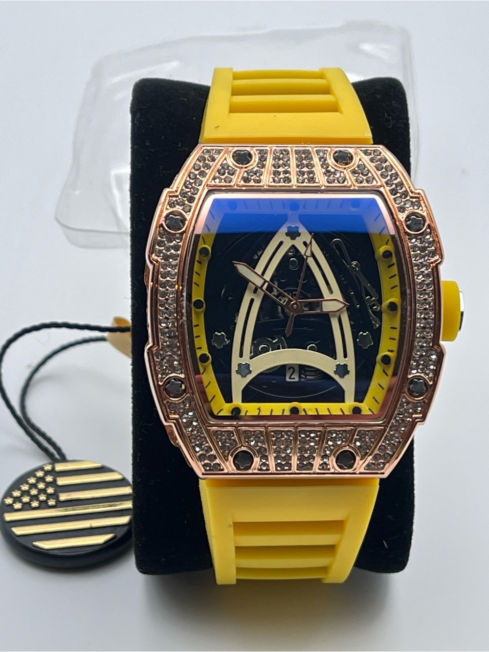 Men's Yellow Silicone Strap Watch with Crystal-Embellished Rose Gold Case